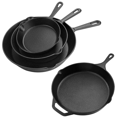 3-Piece Pre-Seasoned Cast Iron Skillet Set, Frying Pan & Grill Pan Cookware for Gas, Induction, Oven & Outdoor Use
