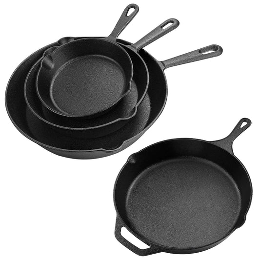 3-Piece Pre-Seasoned Cast Iron Skillet Set, Frying Pan & Grill Pan Cookware for Gas, Induction, Oven & Outdoor Use