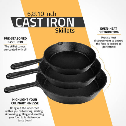 3-Piece Pre-Seasoned Cast Iron Skillet Set, Frying Pan & Grill Pan Cookware for Gas, Induction, Oven & Outdoor Use