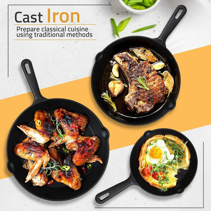 3-Piece Pre-Seasoned Cast Iron Skillet Set, Frying Pan & Grill Pan Cookware for Gas, Induction, Oven & Outdoor Use