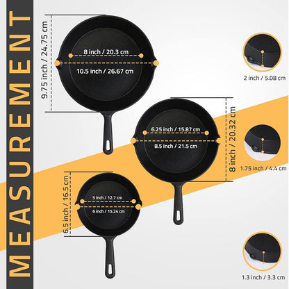3-Piece Pre-Seasoned Cast Iron Skillet Set, Frying Pan & Grill Pan Cookware for Gas, Induction, Oven & Outdoor Use
