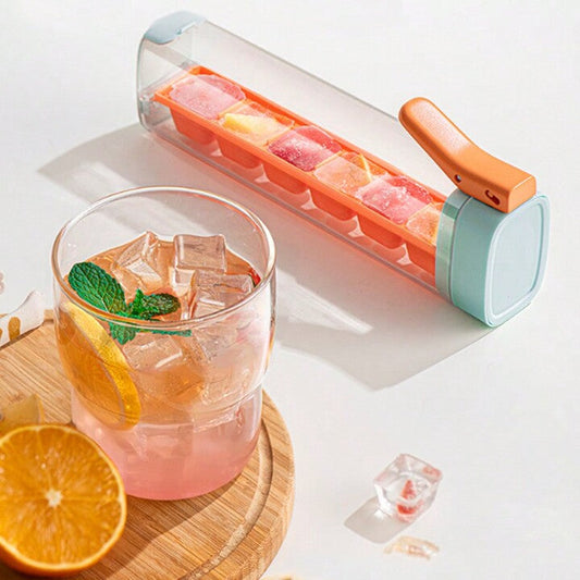 Top Button Push Ice Cube Tray with Lid Bin Easy Release Pack Of 2