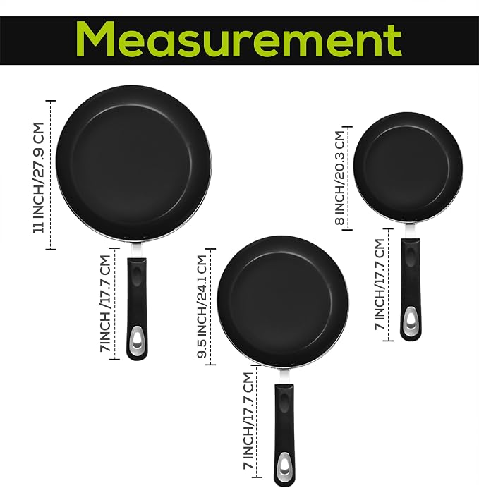 Nonstick Frying Pan Set 3-Piece with Induction Bottom, 8, 9.5 & 11 Inch Aluminum Cookware for Frying, Sautéing & Daily Cooking