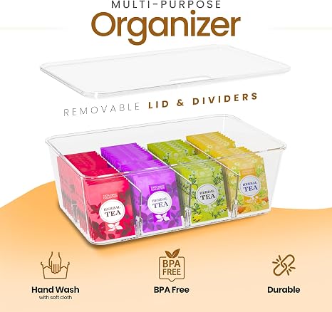 Tea Bag Organizer Stackable with Clear Top Lid, Kitchen Cabinet Pantry Storage Box for Tea Bags & Coffee Pods