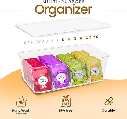Tea Bag Organizer Stackable with Clear Top Lid, Kitchen Cabinet Pantry Storage Box for Tea Bags & Coffee Pods