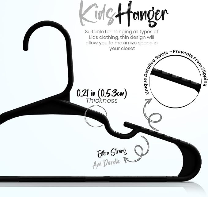 Kids Hangers Pack of 12, Non-Slip Durable Space-Saving Plastic Clothes Hangers for Baby, Toddler & Children’s Wardrobe