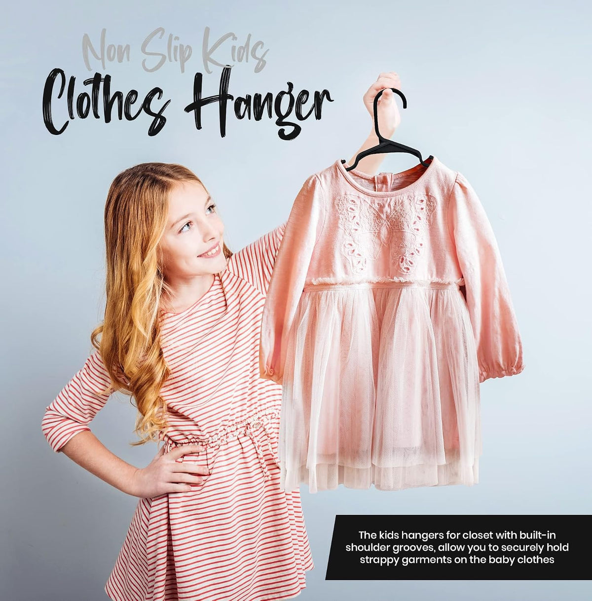Kids Hangers Pack of 12, Non-Slip Durable Space-Saving Plastic Clothes Hangers for Baby, Toddler & Children’s Wardrobe
