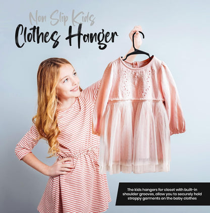 Kids Hangers Pack of 12, Non-Slip Durable Space-Saving Plastic Clothes Hangers for Baby, Toddler & Children’s Wardrobe