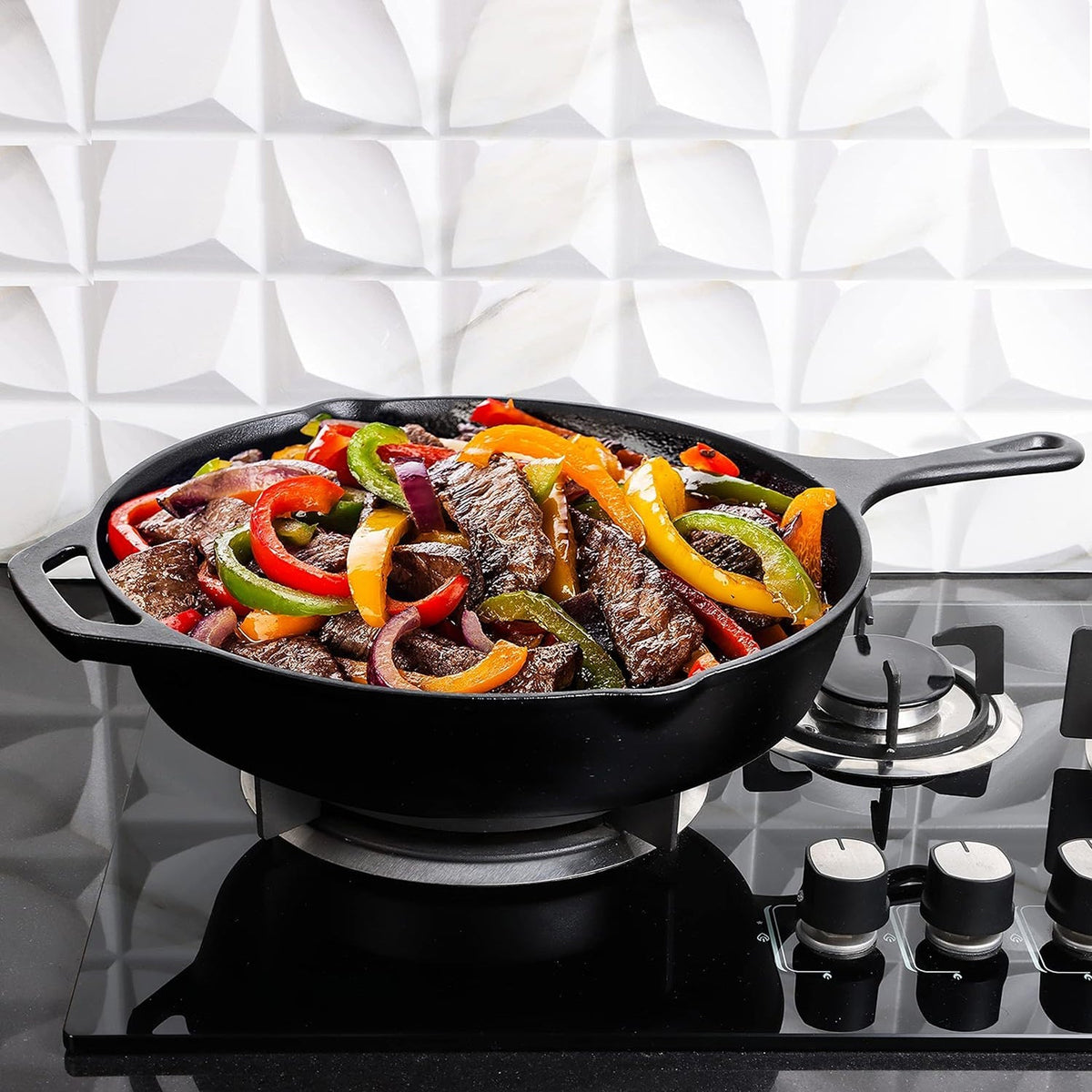 3-Piece Pre-Seasoned Cast Iron Skillet Set, Frying Pan & Grill Pan Cookware for Gas, Induction, Oven & Outdoor Use