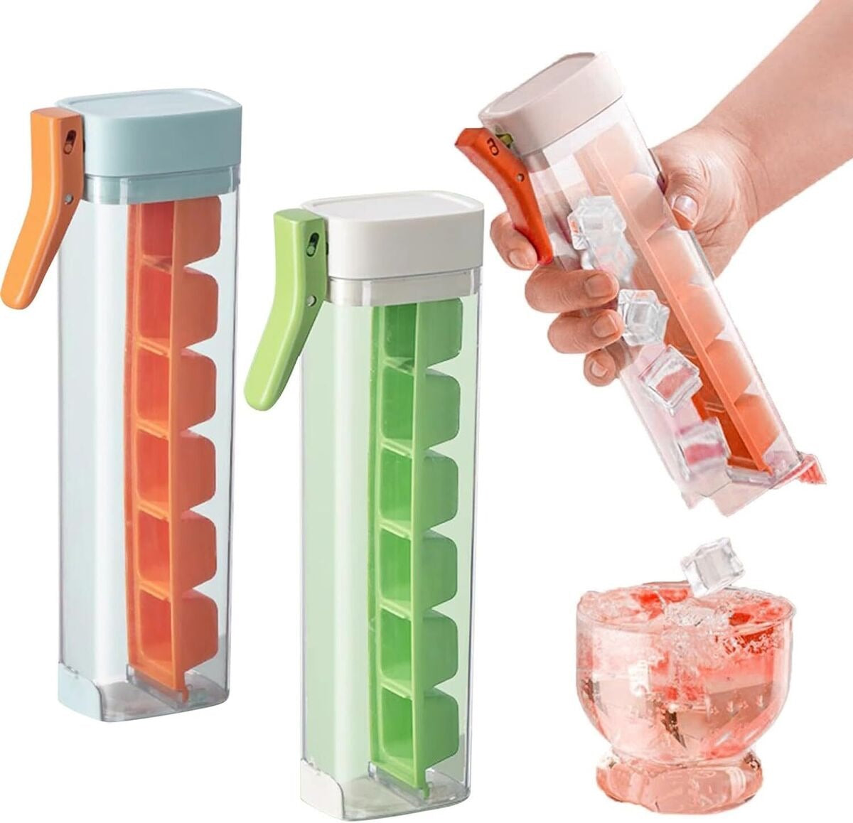 Top Button Push Ice Cube Tray with Lid Bin Easy Release Pack Of 2