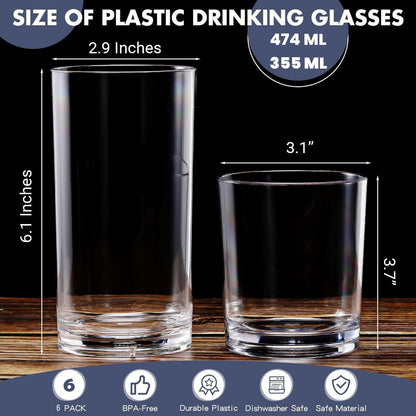 Unbreakable Plastic Tumblers 355ml, BPA-Free Clear Acrylic Drinking Glasses for Home, Outdoor, Kids & Daily Use