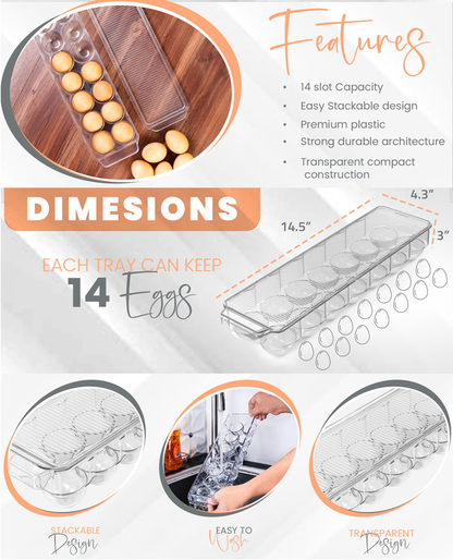 14 Egg Container for Refrigerator with Lid & Handle, Clear Stackable Egg Holder for Fridge Kitchen Storage Pack of 1